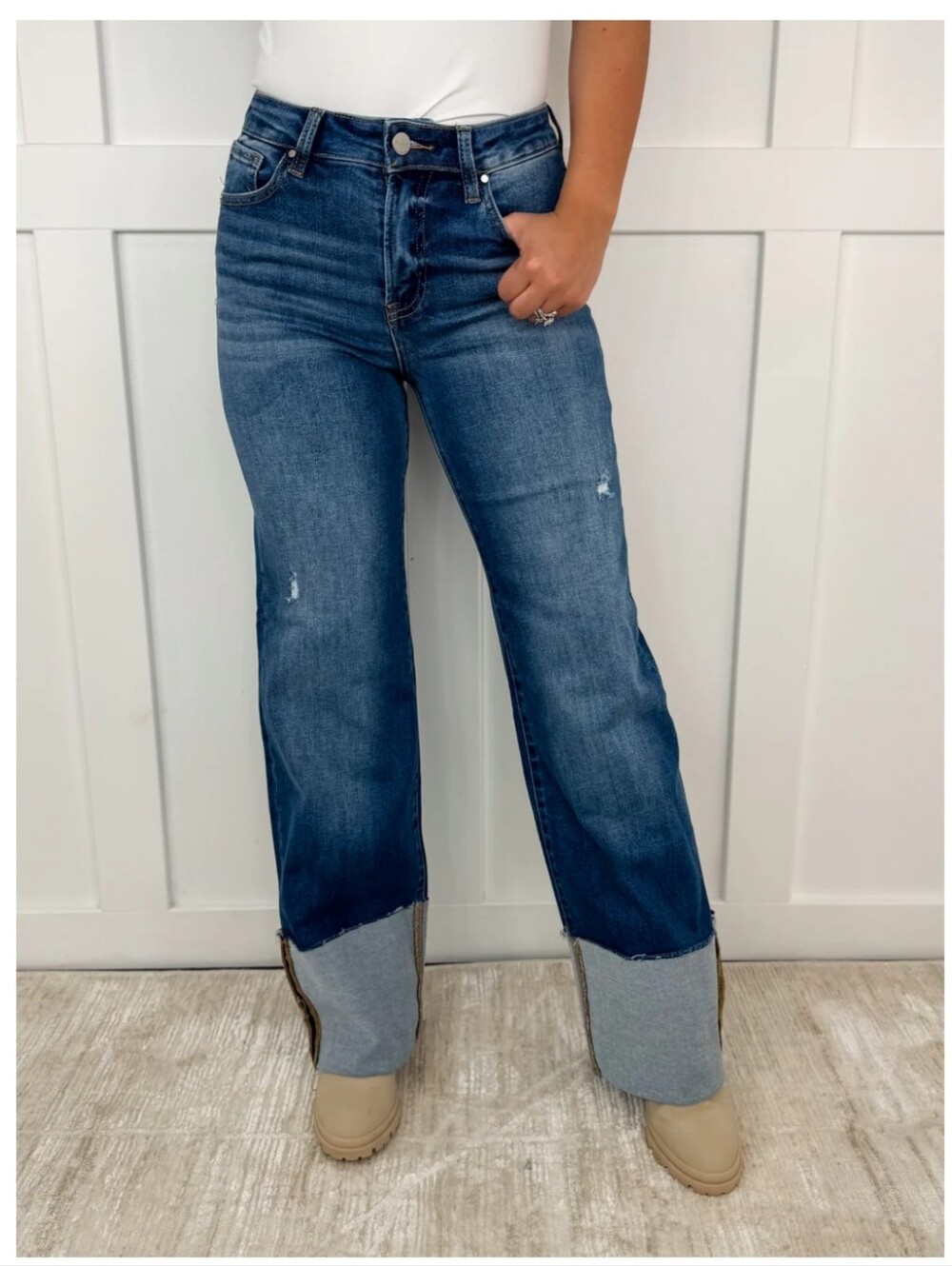 Risen Dark Blue Wide-Leg High-Rise Jeans With Wide Cuffs RDP5719